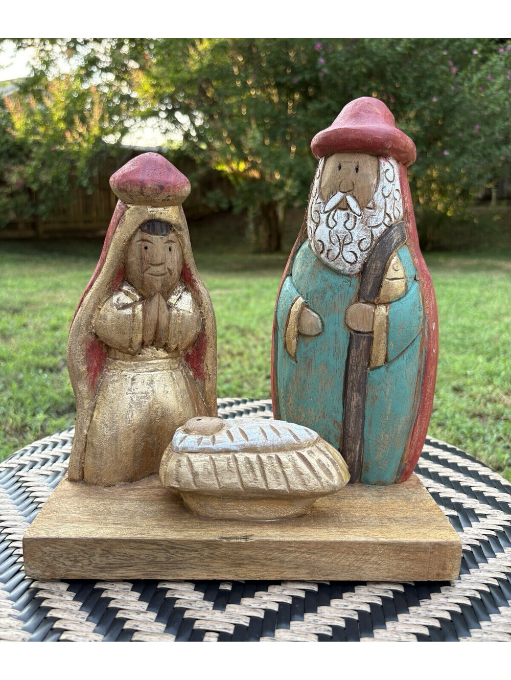 Wood Nativity Scene Set w/ Mary Joseph Baby Jesus on Base 10x5x8 in